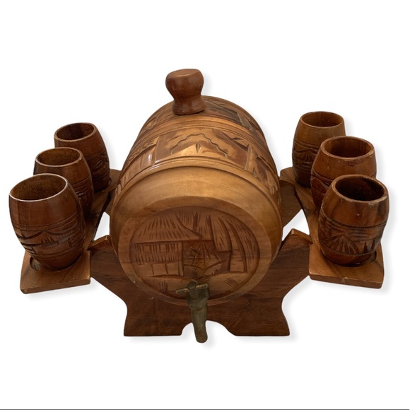Vintage tiki wood tropical carved drink serving party set tap 6 cups